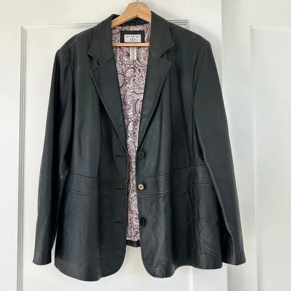 Vintage Covington Woman Black Genuine Leather Blazer Jacket Paisley Lining L-XL - Picture 5 of 8